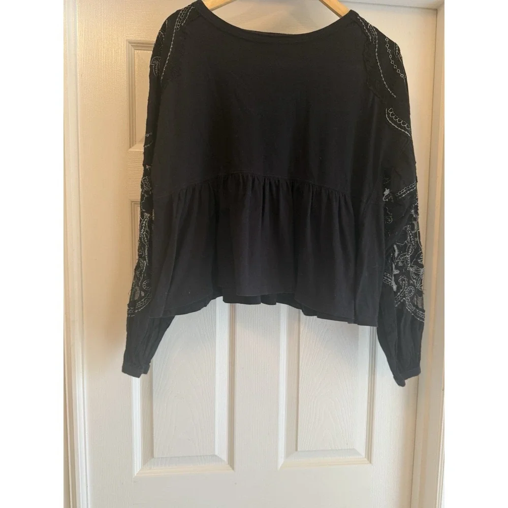 Free People Babydoll Top Wmn Small Black Embroidered Mesh Lace Long Sleeve Boho